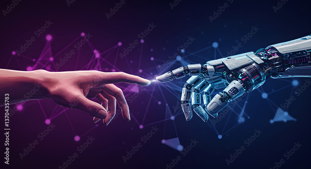 Naklejka premium Artificial intelligence hand touching human finger, digital future and advanced technology for innovation research, connection and partnership concept