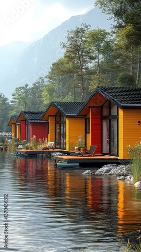 Colorful cabins on a serene lake, nestled amongst mountains