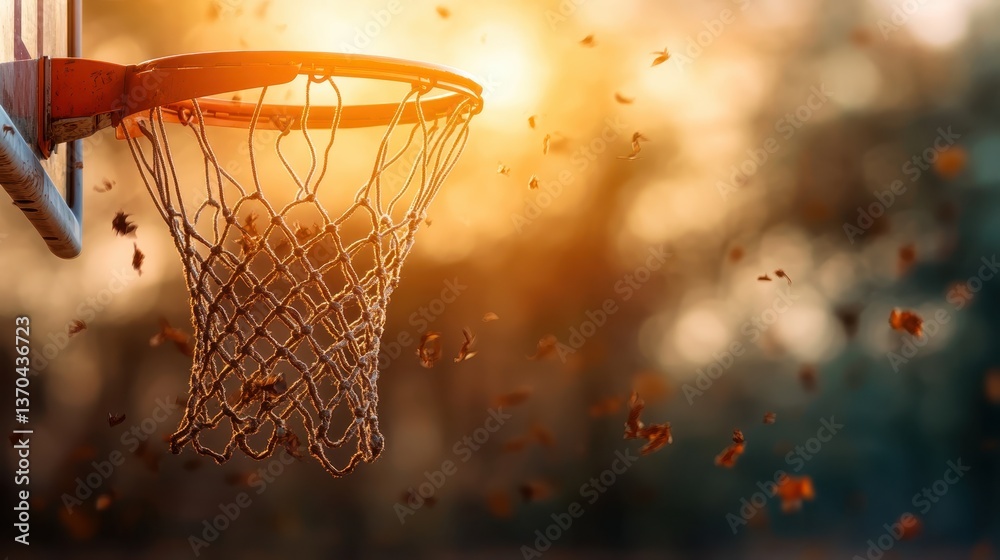 A close-up of a basketball hoop expertly framed by golden autumn leaves, capturing the beauty of sport amidst nature's seasonal transformation. A close-up of a basketball hoop expertly framed by golden autumn leaves, capturing the beauty of sport amidst nature's seasonal transformation.