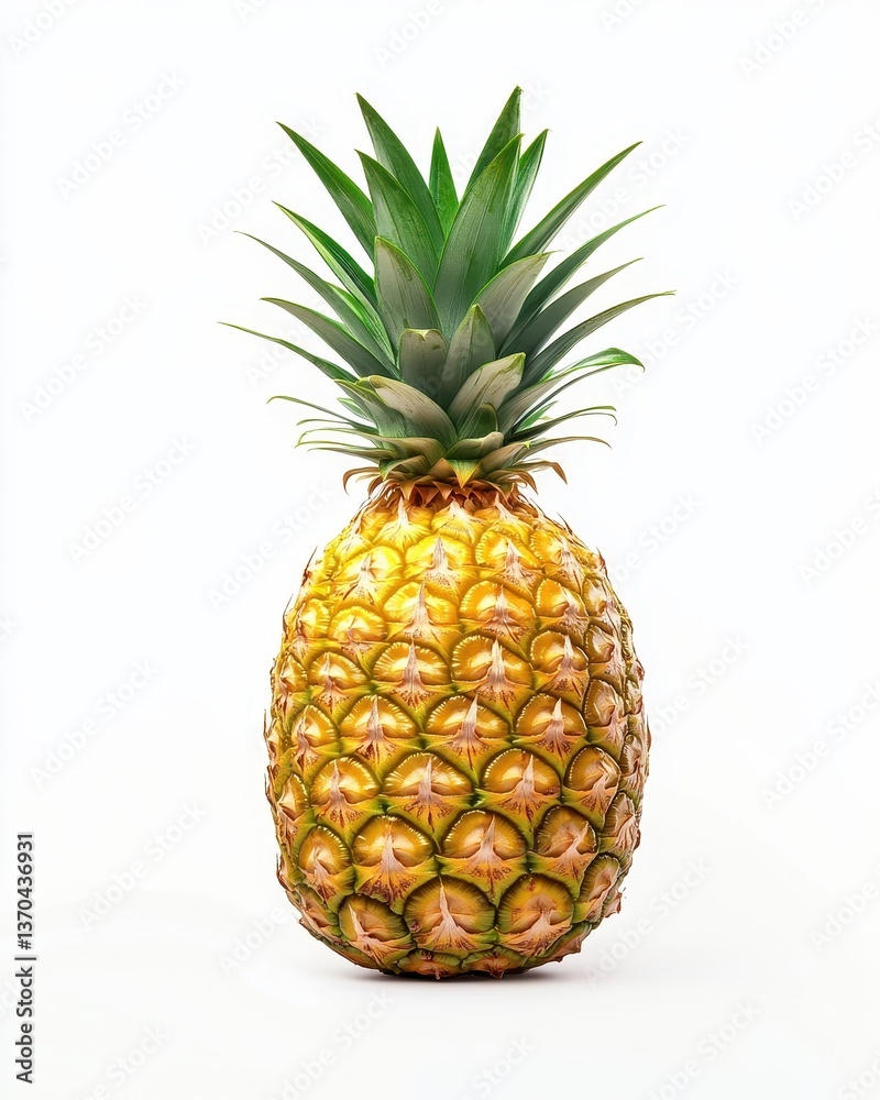 Exotic Pineapple Still Life with Textured Gold Skin and Vibrant Green Crown Against Minimalist White Background for Premium Food Photography Exotic Pineapple Still Life with Textured Gold Skin and Vibrant Green Crown Against Minimalist White Background for Premium Food Photography