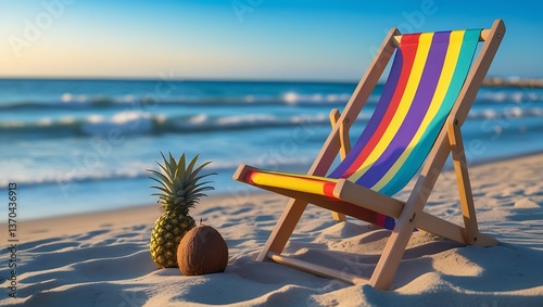 Fototapeta Naklejka Na Ścianę i Meble -   A beach scene featuring a deck chair and a pineapple on the sand