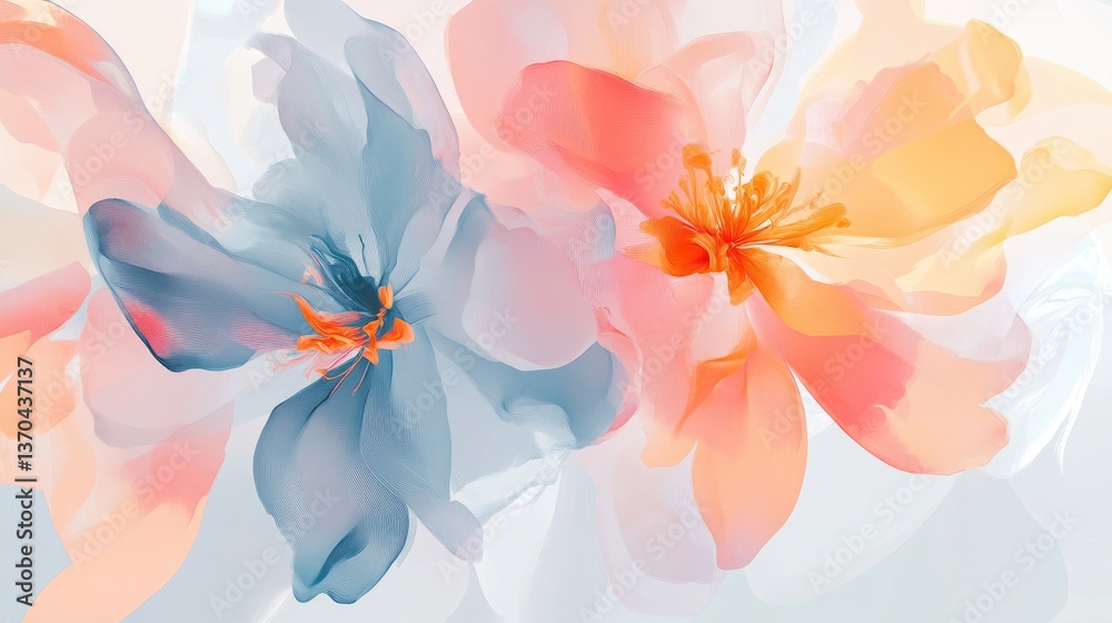 Obraz premium Ethereal pastel floral arrangement with soft petals in gentle hues of blue, pink, and orange for elegant design projects