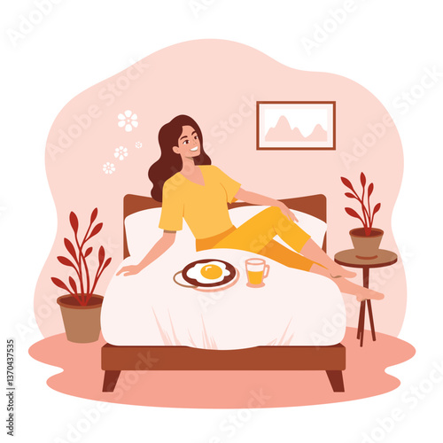 Woman enjoying breakfast in bed on Mother's Day  