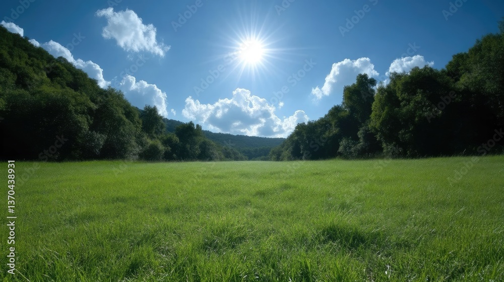 Lush green meadow under a vibrant blue sky, dotted with fluffy white clouds and a bright sun. Rolling hills and dense forest line the horizon Lush green meadow under a vibrant blue sky, dotted with fluffy white clouds and a bright sun. Rolling hills and dense forest line the horizon