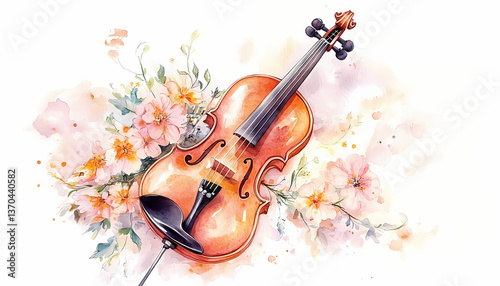 Watercolor Violin with Flowers