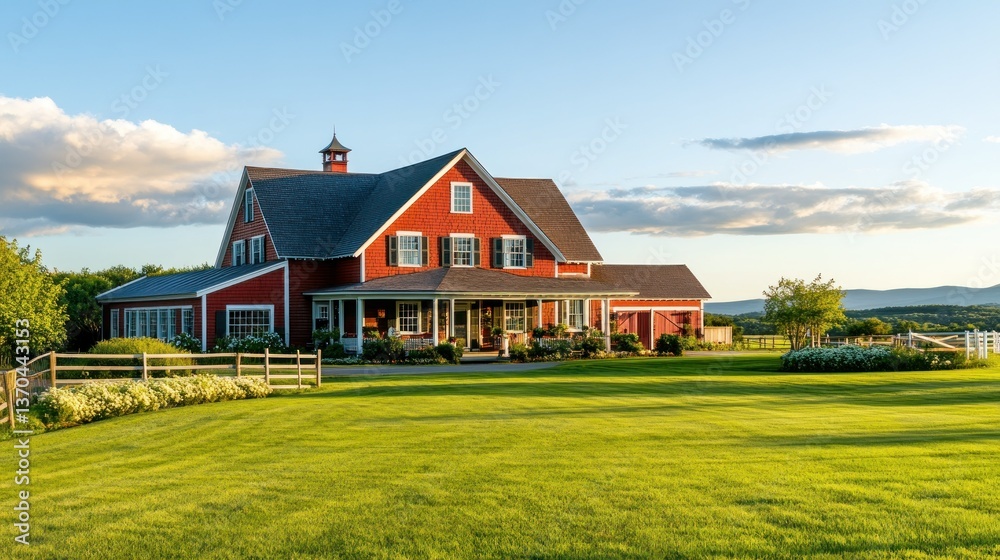 A beautiful red farmhouse surrounded by a vast green landscape A beautiful red farmhouse surrounded by a vast green landscape