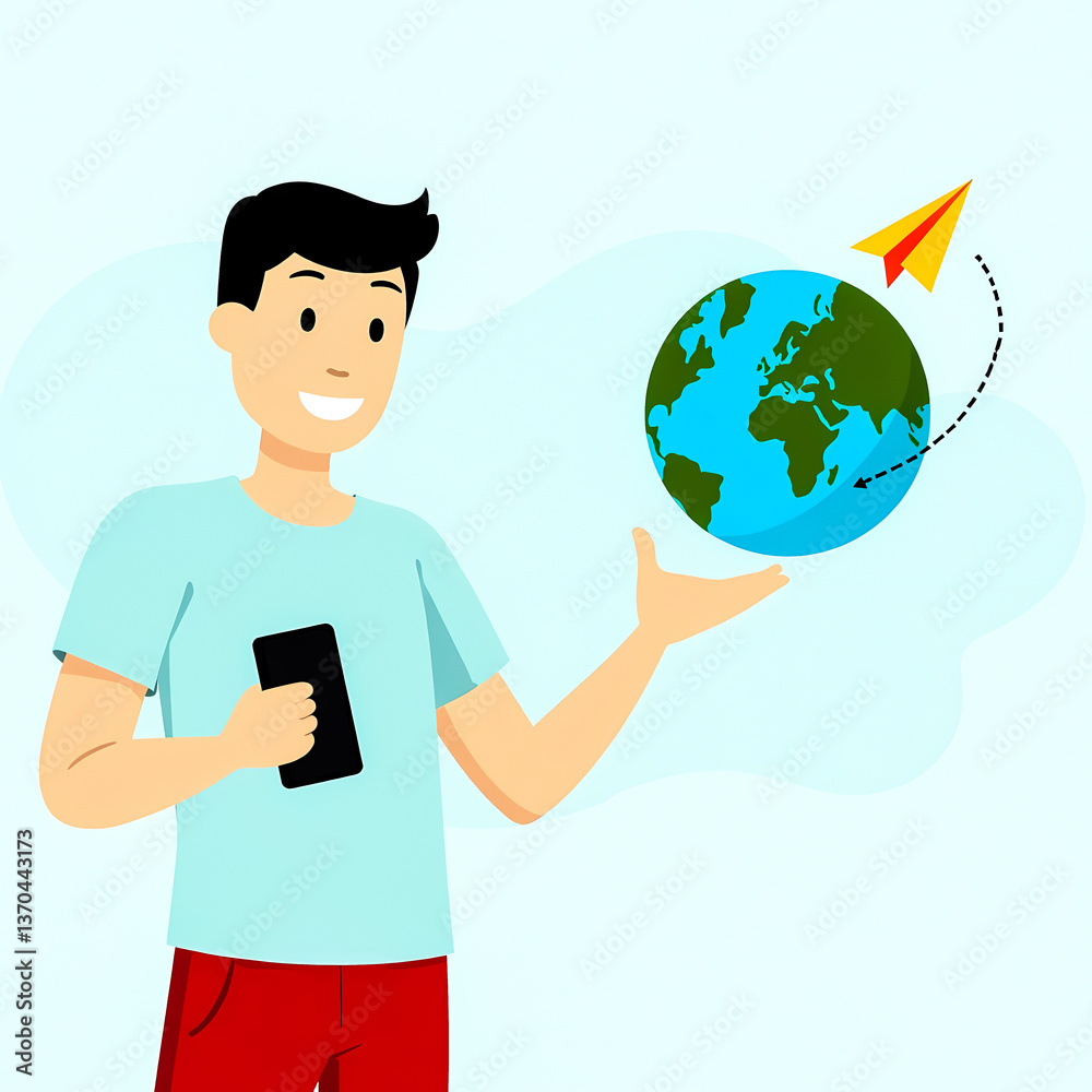 smiling man holding a phone and a globe symbolizing global travel and communication smiling man holding a phone and a globe symbolizing global travel and communication