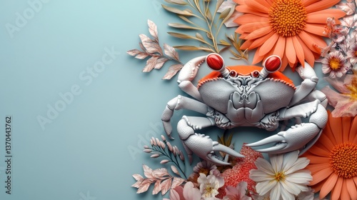 Crab amongst flowers on pastel background
