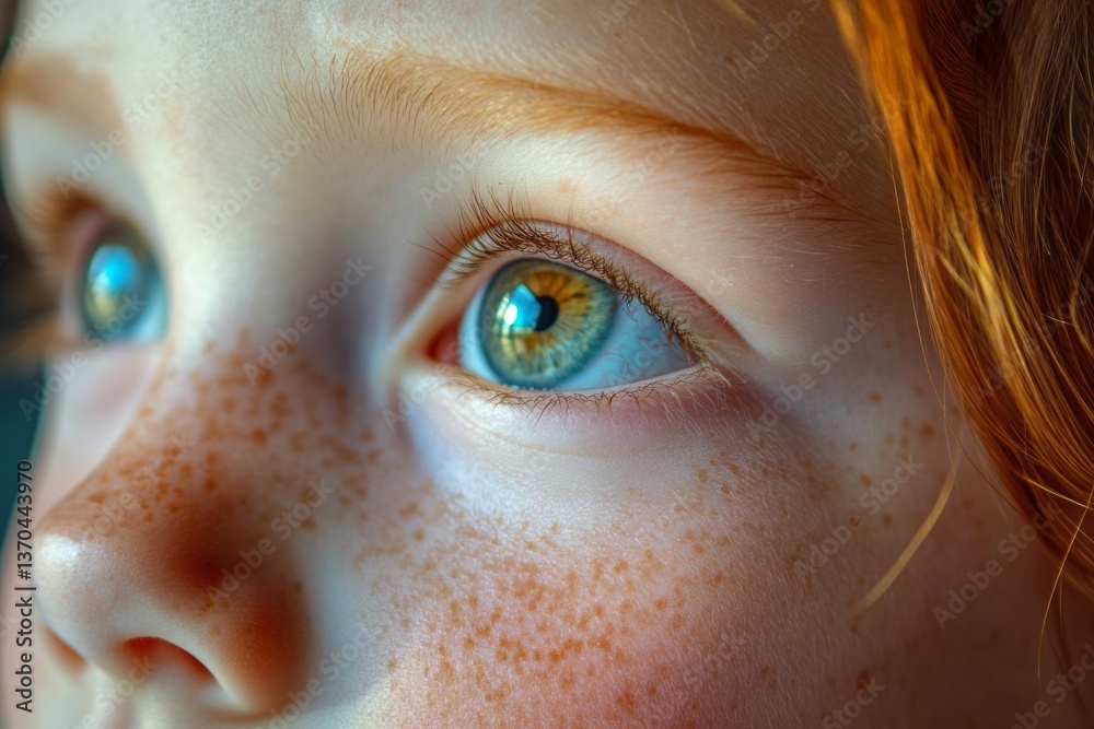 Close-up of a child's eye reflecting light, showcasing vibrant colors and unique features in an indoor setting