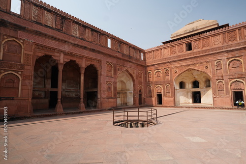 The Famous Red Fort in the city of Agra, India. Tourists visit a Popular tourist attraction. It's a UNESCO World Heritage Site, serving as the main residence of the Mughal.