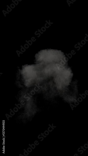 Realistic high resolution aerial explosion rendering with fire and smoke plume. Full frame 3D animation fireball detonation and combustion on black background with alpha channel. Cgi vfx plate shot.