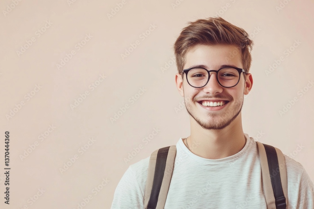 Young man with glasses smiles warmly while standing against a plain background indoors