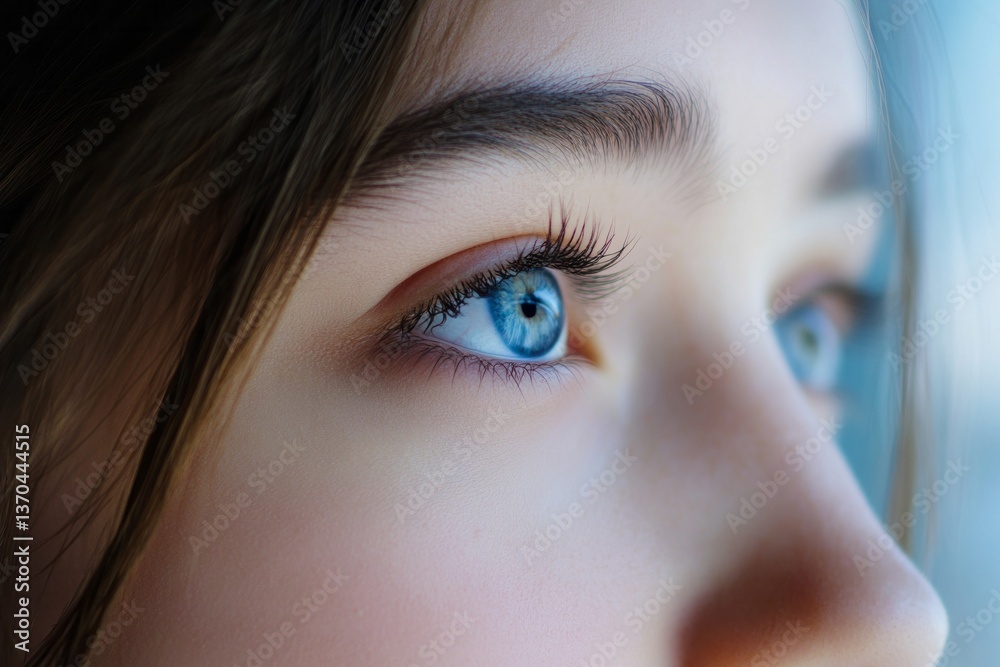 Close-up view of a girl with striking blue eyes gazing thoughtfully out of a window during a bright afternoon