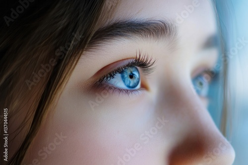 Obraz na płótnie Close-up view of a girl with striking blue eyes gazing thoughtfully out of a window during a bright afternoon w salonie