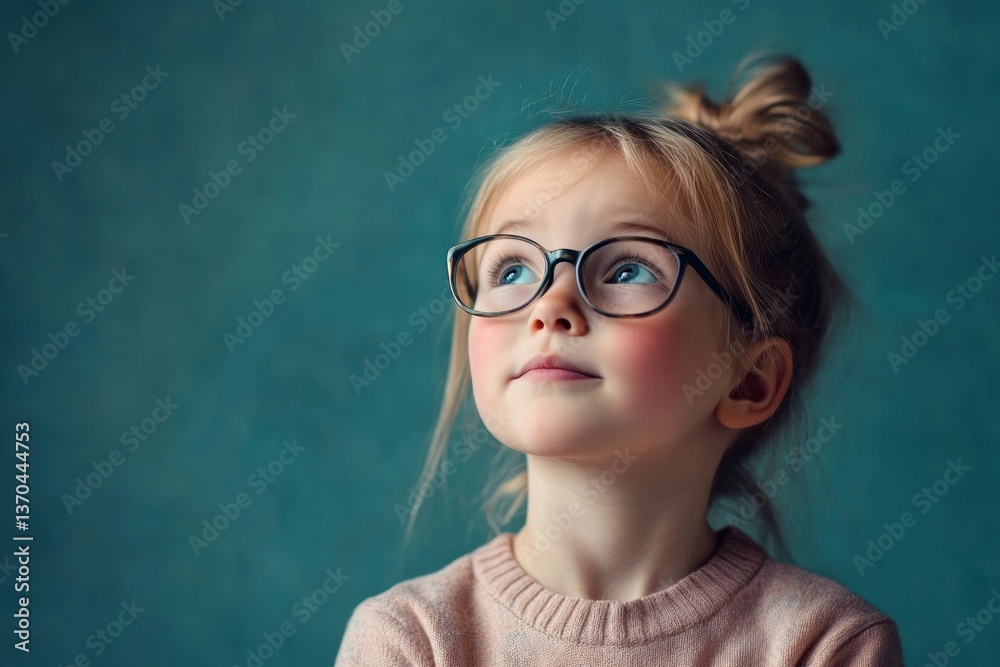 Young girl with glasses gazes thoughtfully against a blue background during a quiet moment indoors