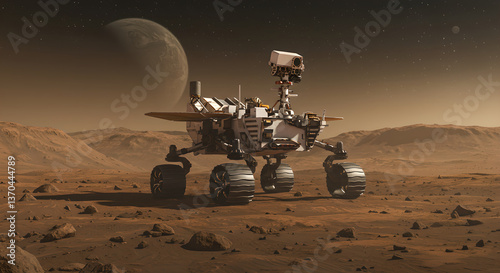 Planetary rover exploring Martian landscape, investigating red planet surface under starry sky and alien moon, science exploration for space exploration