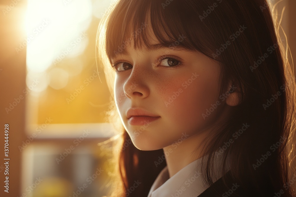 Young girl gazes thoughtfully out of a window during golden hour, capturing her serene expression and natural beauty