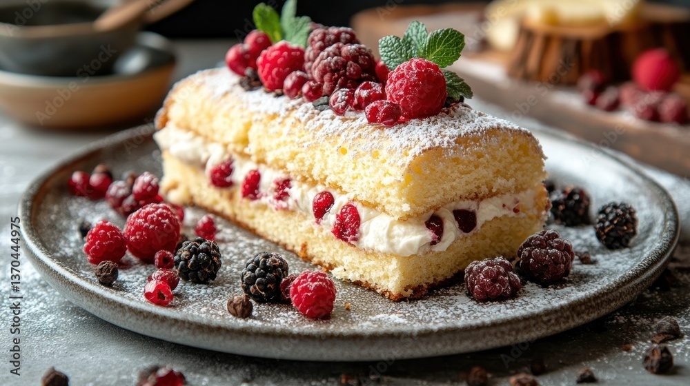 Layers of light cake, topped with fresh berries Layers of light cake, topped with fresh berries