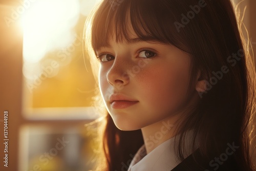 Obraz na płótnie Young girl gazes thoughtfully out of a window during golden hour, capturing her serene expression and natural beauty w salonie