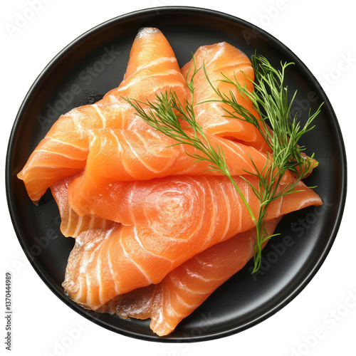 Smoked salmon on black plate isolated on transparent background