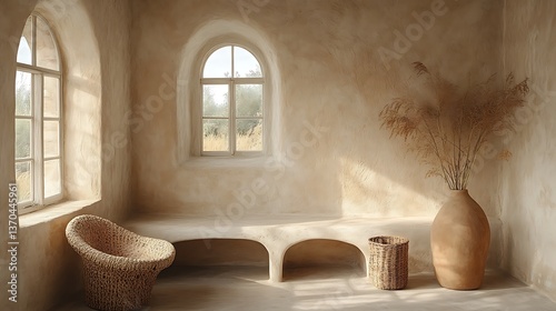A serene bedroom with light grey walls, a minimalist white bed, and soft textures creating a peaceful atmosphere