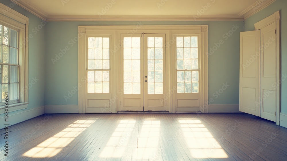 Empty room featuring large doors and a window with sunlight Empty room featuring large doors and a window with sunlight