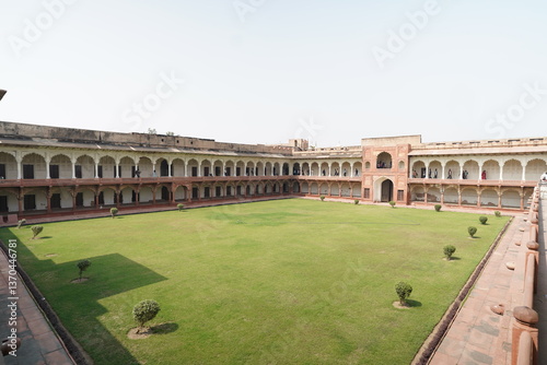 The Famous Red Fort in the city of Agra, India. Tourists visit a Popular tourist attraction. It's a UNESCO World Heritage Site, serving as the main residence of the Mughal.