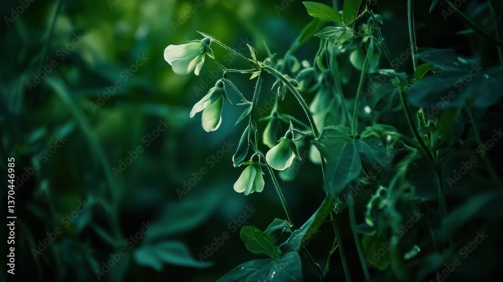 Delicate white flowers bloom among green leaves on a vine Delicate white flowers bloom among green leaves on a vine