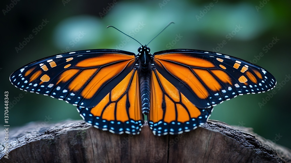 Naklejka premium Vibrant Monarch Butterfly Resting on a Wooden Log with Sharp Focus on Orange and Black Patterns Against a Natural Forest Backdrop