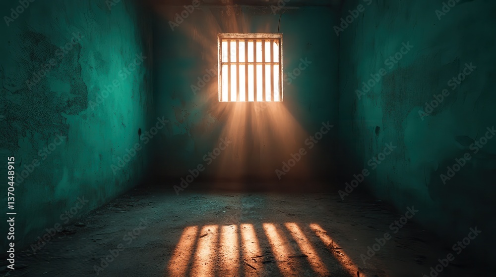 A solitary room illuminated by warm sunlight streaming through the barred window, emphasizing themes of hope and confinement with an evocative atmosphere. A solitary room illuminated by warm sunlight streaming through the barred window, emphasizing themes of hope and confinement with an evocative atmosphere.