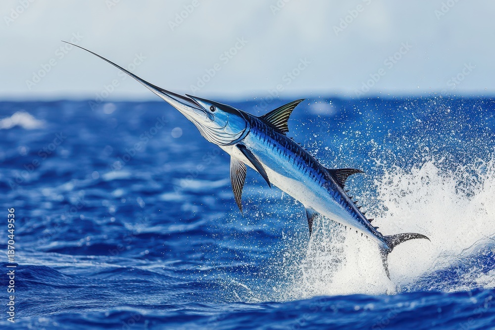 Obraz premium Large marlin leaps out of the ocean creating a splash under sunny skies during midday hours