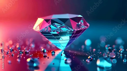 Large, sparkling gem balanced on a point surrounded by water droplets under neon lights.