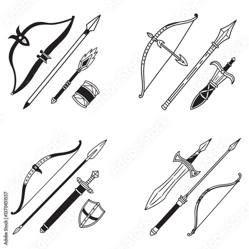 RPG weapon icon set, vector fantasy game sword collection, dungeon dragon battle attack object kit: magic sorcerer staff, warrior dagger, medieval bow, arrow, and character equipment vector 