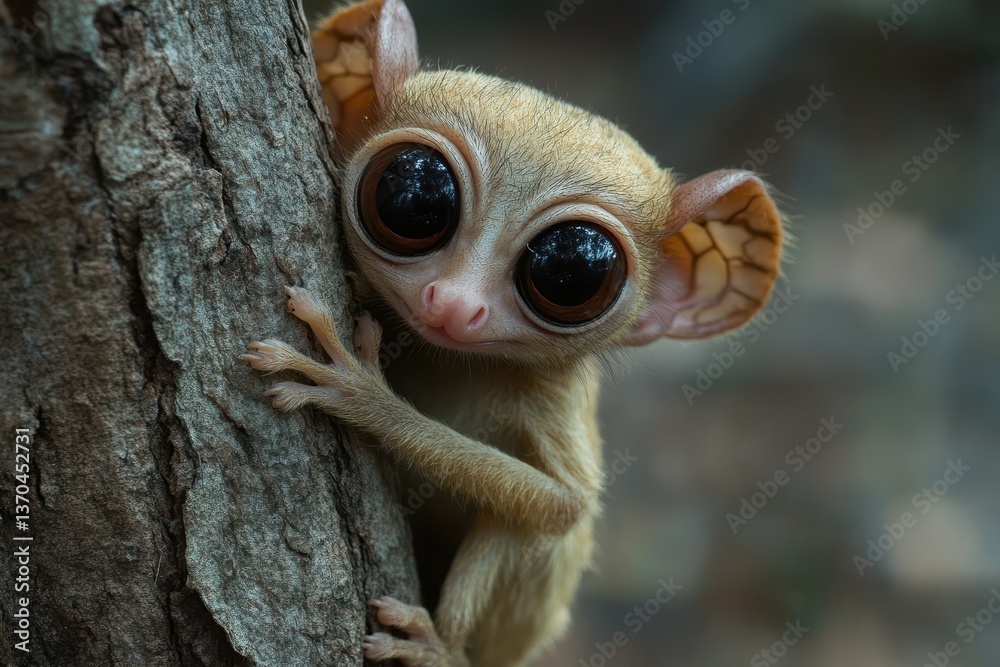 Fototapeta premium Curious primate explores tree trunk in the dense jungle during daylight