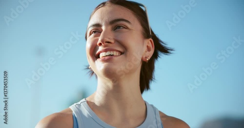 Thinking, outdoor and woman with fitness, below and space with happiness. Person, athlete and runner in city, nature or wellness with training, workout or health with break, exercise or contemplation