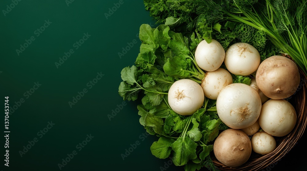 A rustic basket filled with an assortment of white and brown radishes along with fresh greens, showcasing the beauty of harvest and the variety in vegetable gardening. A rustic basket filled with an assortment of white and brown radishes along with fresh greens, showcasing the beauty of harvest and the variety in vegetable gardening.