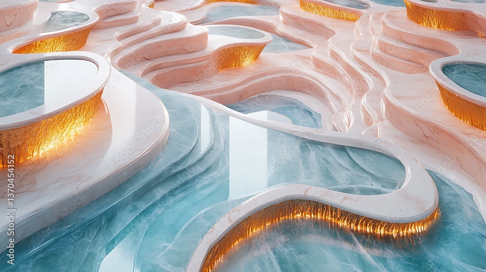 Obraz premium Aerial View of a Luxurious Marble Plaza with Intricate Swirling Patterns in Pastel Pink, Soft Blue, and Champagne Gold