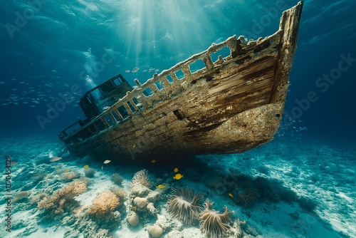 Partially Sunken Wooden Shipwreck with Corals, Sea Fans, and Schools of Fish, Ocean Floor Underwater Scene, Octopus Camouflage, Marine Life, Shipwreck Photography, Ocean Exploration