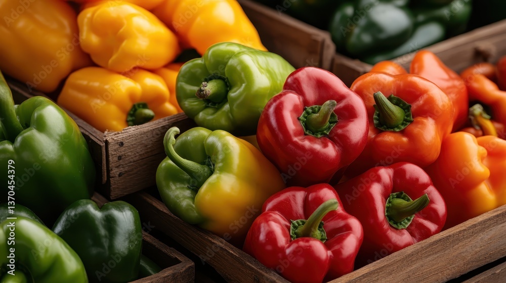This image captures an assortment of vibrant bell peppers displayed in rustic wooden crates, showcasing their freshness and vivid colors which appeal to food lovers and chefs alike. This image captures an assortment of vibrant bell peppers displayed in rustic wooden crates, showcasing their freshness and vivid colors which appeal to food lovers and chefs alike.