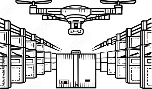 A drone hovers between storage racks in a warehouse, ready to transport packages, showcasing modern logistics technology.