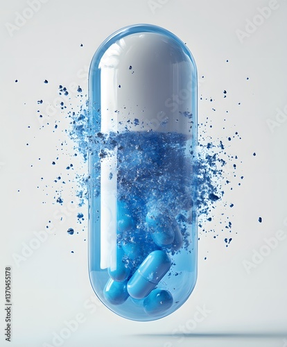 Breaking Capsules: A vivid, detailed image captures the dramatic explosion of a capsule, showcasing the internal pills and powders in a striking display of colors.