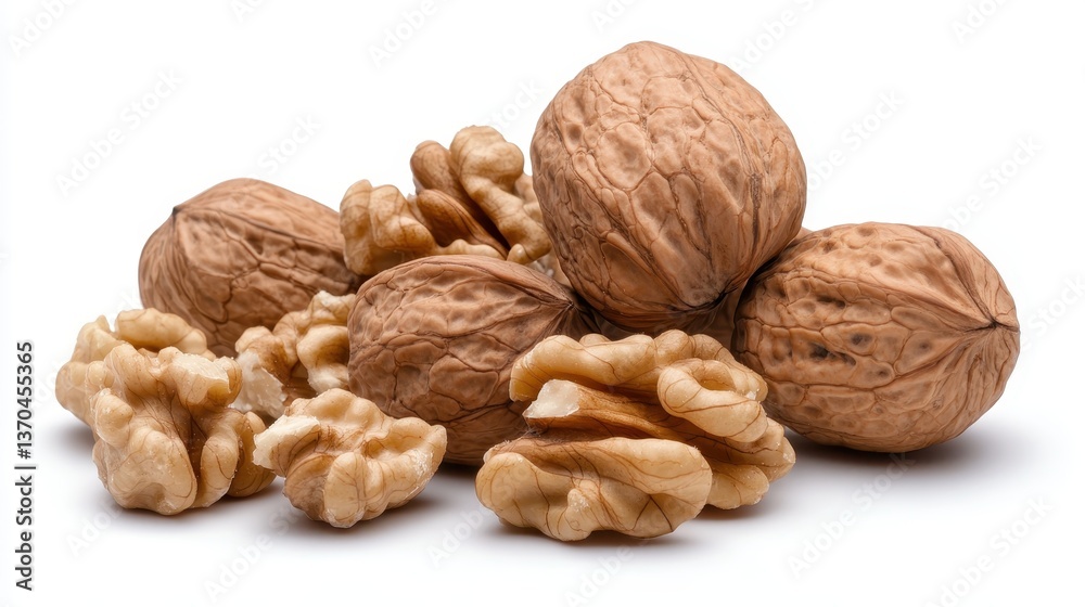 An attractive display featuring whole and cracked walnuts, highlighting the textures and colors while accentuating their natural appeal on a bright white background. An attractive display featuring whole and cracked walnuts, highlighting the textures and colors while accentuating their natural appeal on a bright white background.
