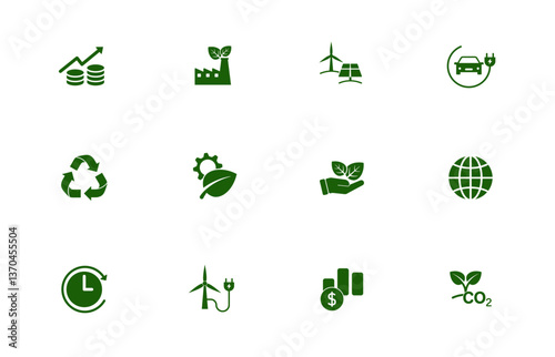Solid vector icon set with green development, green industry, electric vehicles, renewable energy symbols.