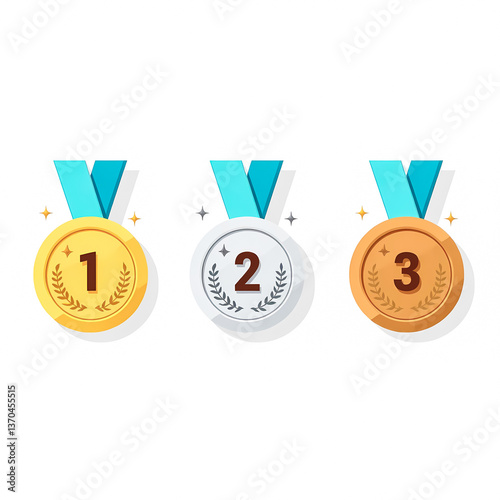 three medals illustrating first second and third place in a competition