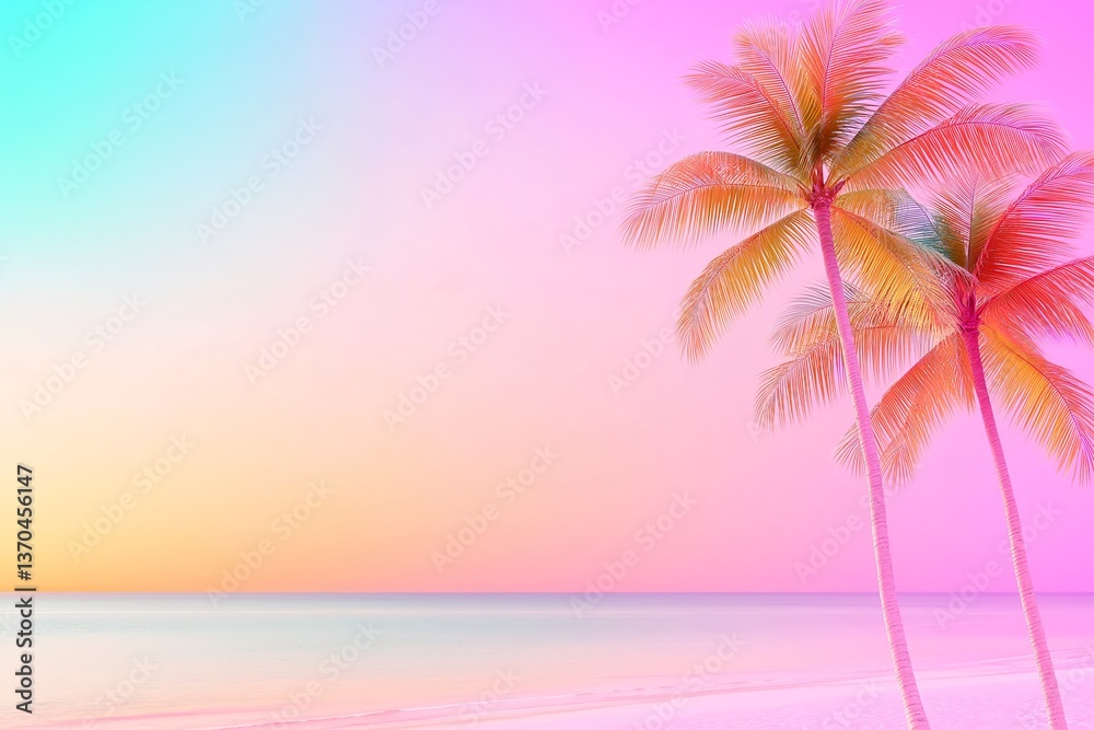 Fototapeta premium Serene Tropical Island Beach at Twilight with Leaning Palm Trees, Gradient Sky from Burnt Orange to Lavender, Soft Pastel Ocean Reflections, Peaceful Evening, Exotic Landscape
