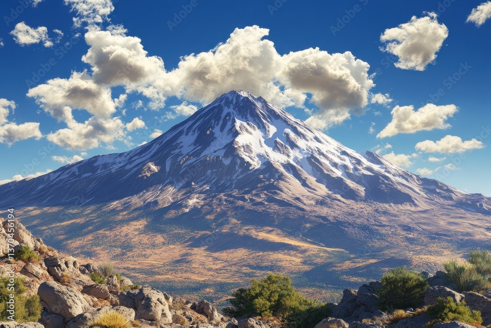 Fototapeta premium Majestic snow-capped mountain under a blue sky with fluffy clouds on a clear day
