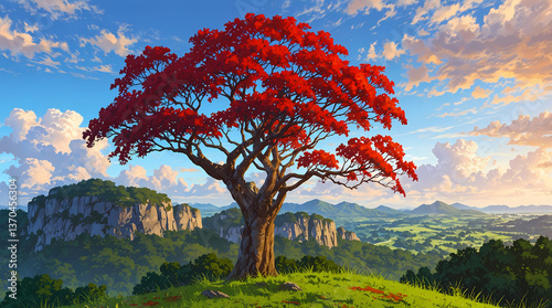 Majestic Tree in the Vista: A grand tree with vibrant red foliage stands atop a hill, its presence commanding the landscape. Beneath a stunning sky, the tree’s vivid hues creates a powerful display.