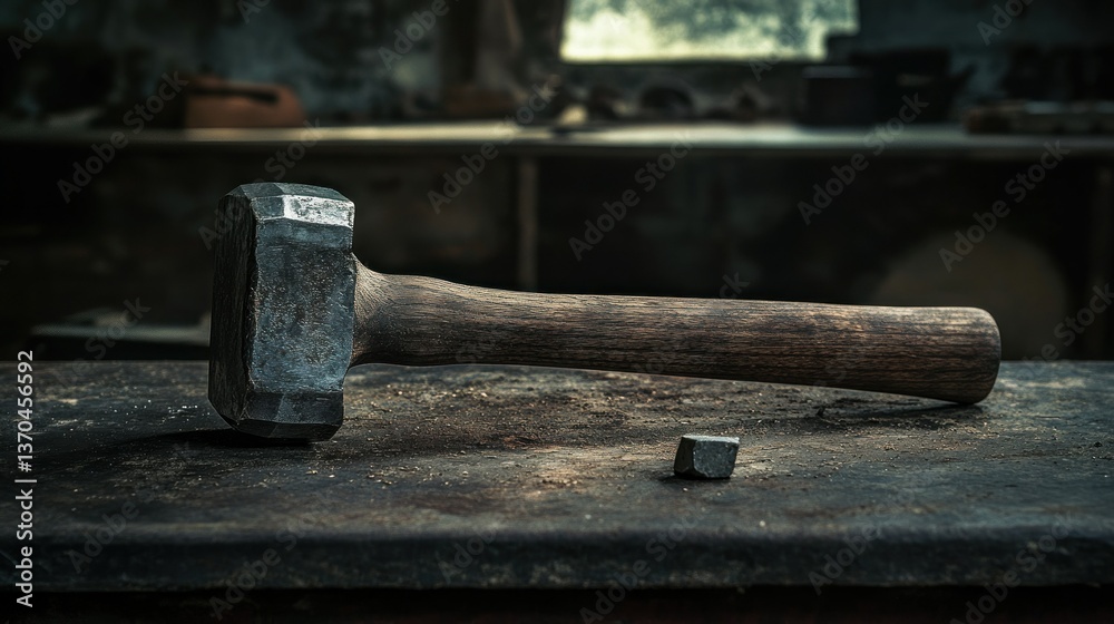 A heavy hammer rests upon a dusty workbench surface A heavy hammer rests upon a dusty workbench surface