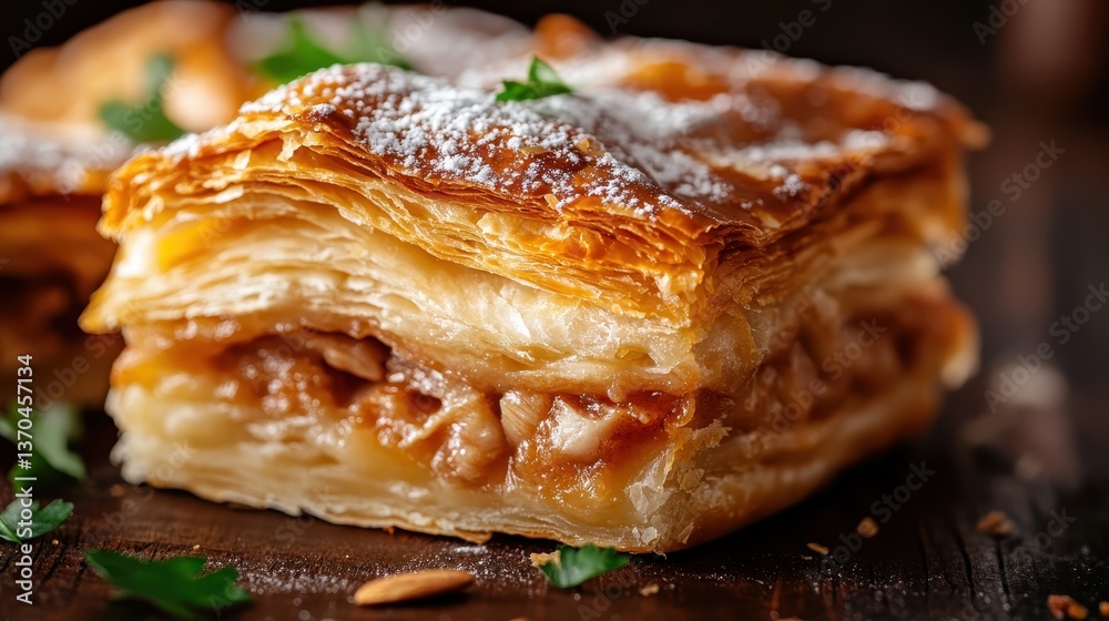 Delicious layered pastry squares filled with spiced apple filling, topped with powdered sugar and garnished with mint on a rustic wooden table. Delicious layered pastry squares filled with spiced apple filling, topped with powdered sugar and garnished with mint on a rustic wooden table.