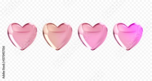 Set of 3d vector multicolored crystal, glass hearts. Realistic holographic pink and lilac figures isolated on white background